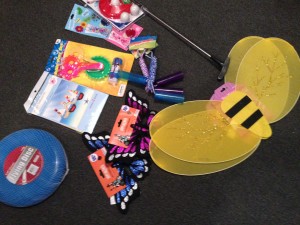 Goods from dollar store for this week and weeks to come- bumble bee accessories, jump ropes, frisbees, golf clubs, etc...